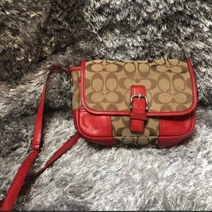 Coach Purse, tan and brown with red leather trim.